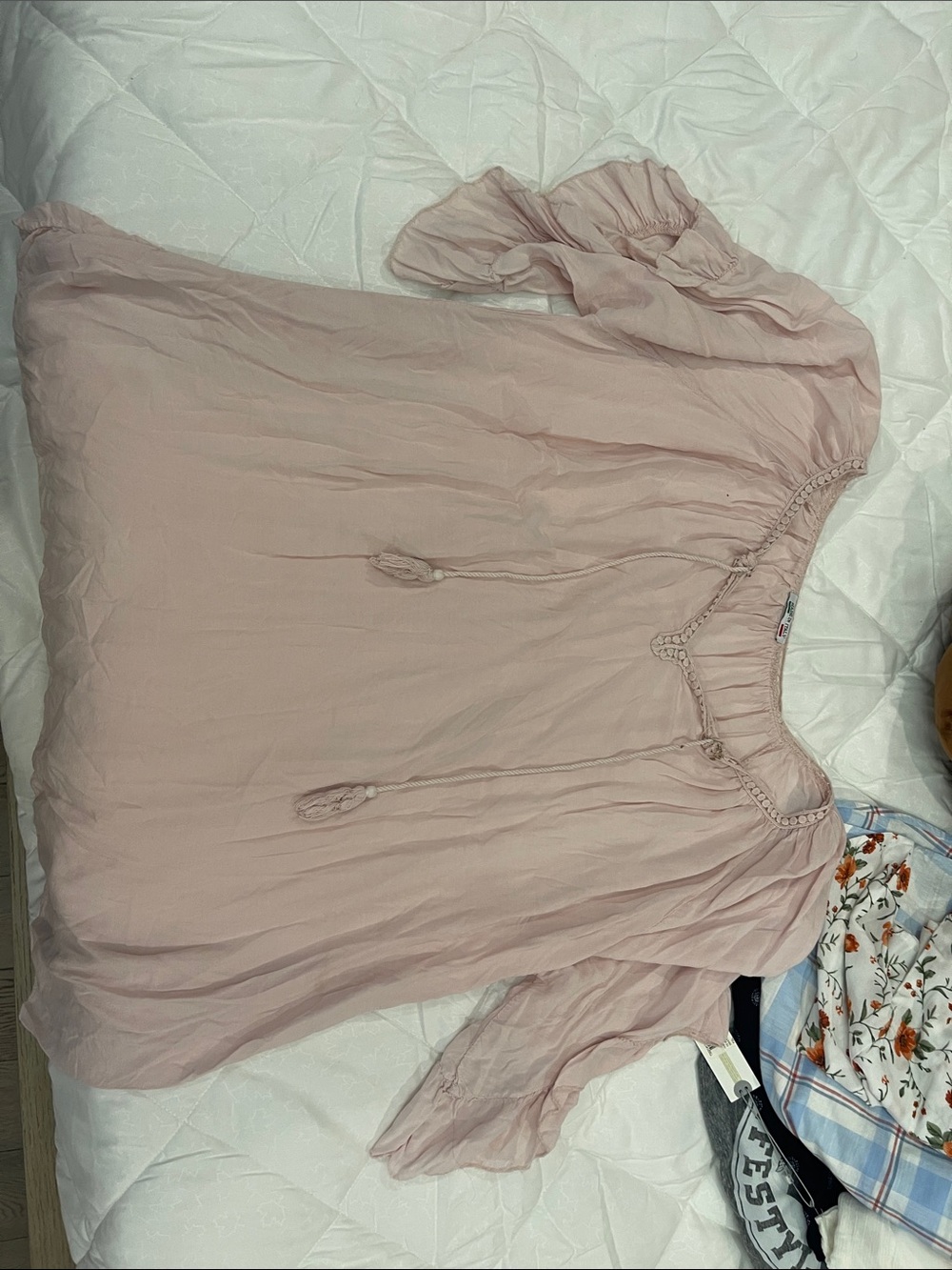 Light Pink Peasant Blouse with Tie Neck